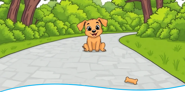 Dog on a path with a bone ahead.